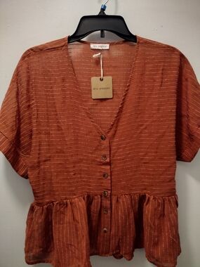 Blu Pepper Rust Button-Front Peplum Blouse with Subtle Stripes